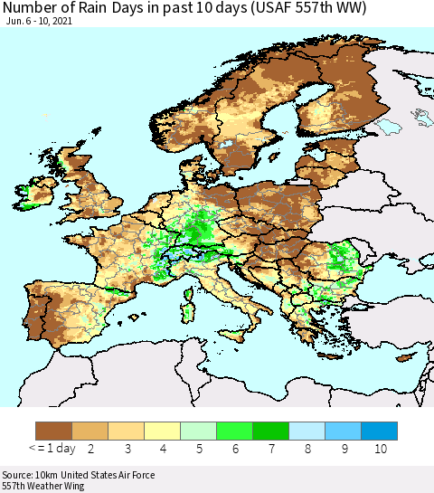 Europe Number of Rain Days in past 10 days (USAF 557th WW) Thematic Map For 6/6/2021 - 6/10/2021