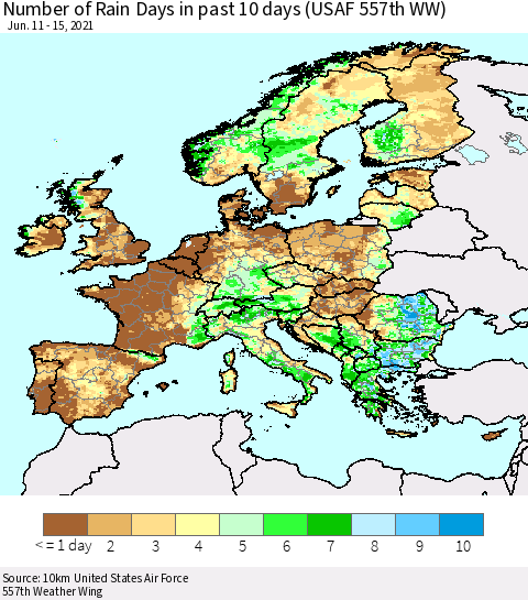 Europe Number of Rain Days in past 10 days (USAF 557th WW) Thematic Map For 6/11/2021 - 6/15/2021