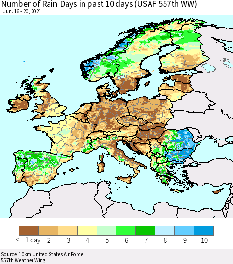 Europe Number of Rain Days in past 10 days (USAF 557th WW) Thematic Map For 6/16/2021 - 6/20/2021