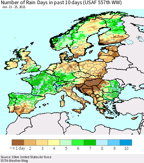 Europe Number of Rain Days in past 10 days (USAF 557th WW) Thematic Map For 6/21/2021 - 6/25/2021