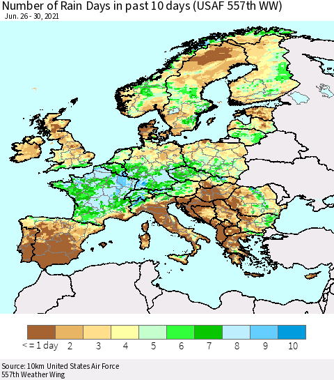 Europe Number of Rain Days in past 10 days (USAF 557th WW) Thematic Map For 6/26/2021 - 6/30/2021