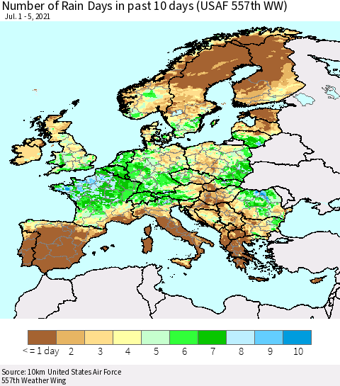 Europe Number of Rain Days in past 10 days (USAF 557th WW) Thematic Map For 7/1/2021 - 7/5/2021