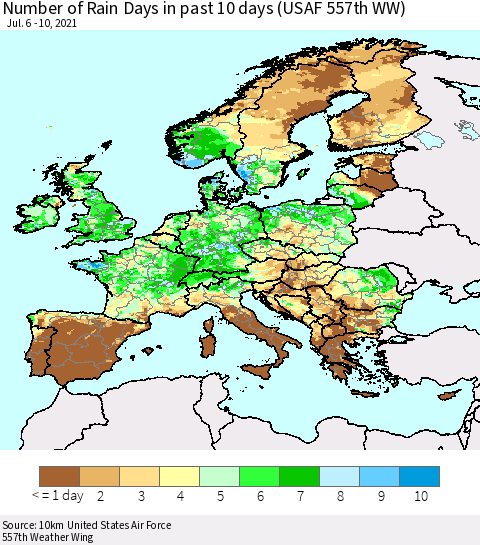 Europe Number of Rain Days in past 10 days (USAF 557th WW) Thematic Map For 7/6/2021 - 7/10/2021