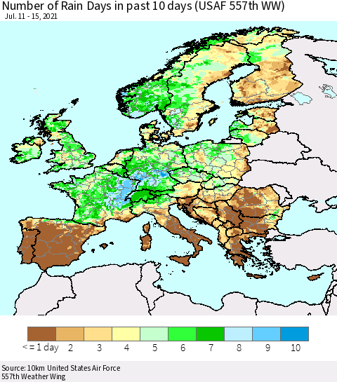 Europe Number of Rain Days in past 10 days (USAF 557th WW) Thematic Map For 7/11/2021 - 7/15/2021