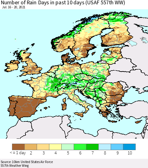 Europe Number of Rain Days in past 10 days (USAF 557th WW) Thematic Map For 7/16/2021 - 7/20/2021