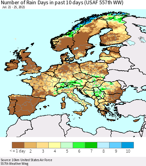 Europe Number of Rain Days in past 10 days (USAF 557th WW) Thematic Map For 7/21/2021 - 7/25/2021
