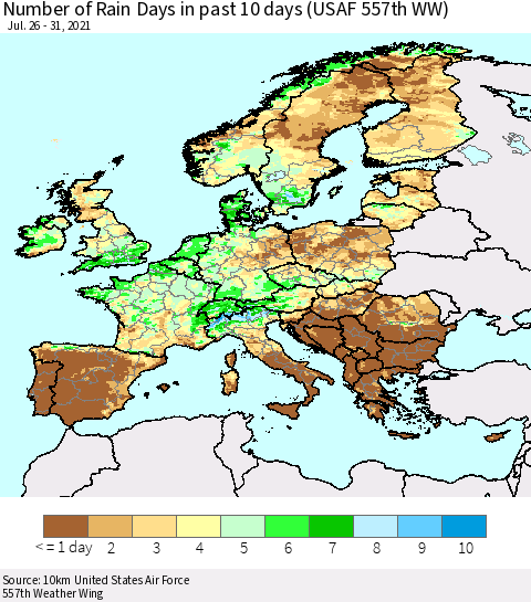 Europe Number of Rain Days in past 10 days (USAF 557th WW) Thematic Map For 7/26/2021 - 7/31/2021