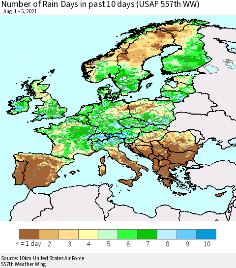 Europe Number of Rain Days in past 10 days (USAF 557th WW) Thematic Map For 8/1/2021 - 8/5/2021
