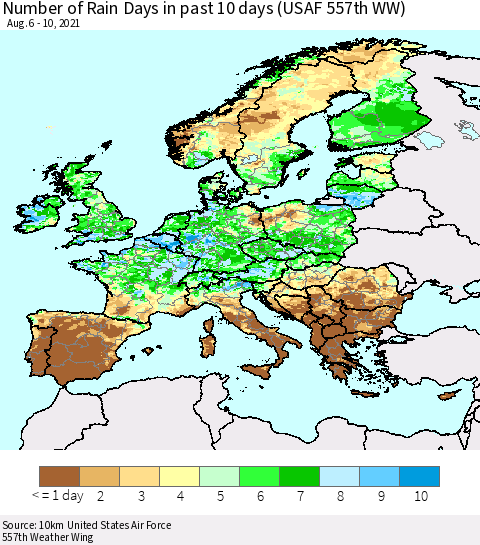 Europe Number of Rain Days in past 10 days (USAF 557th WW) Thematic Map For 8/6/2021 - 8/10/2021