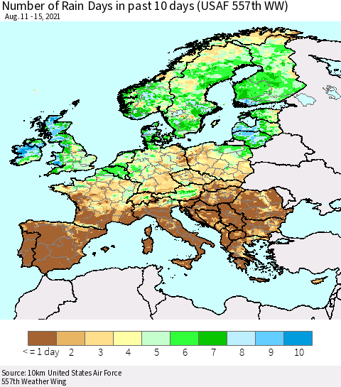 Europe Number of Rain Days in past 10 days (USAF 557th WW) Thematic Map For 8/11/2021 - 8/15/2021