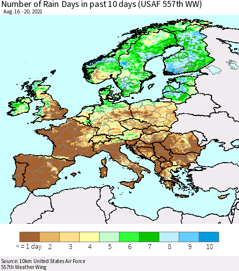Europe Number of Rain Days in past 10 days (USAF 557th WW) Thematic Map For 8/16/2021 - 8/20/2021