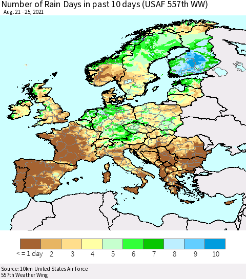 Europe Number of Rain Days in past 10 days (USAF 557th WW) Thematic Map For 8/21/2021 - 8/25/2021