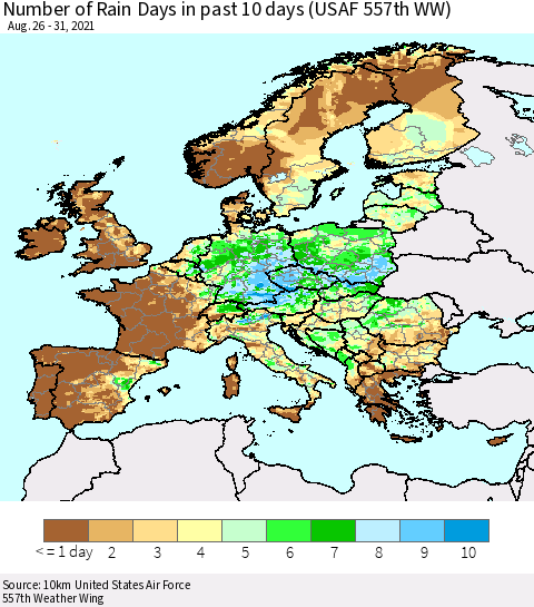 Europe Number of Rain Days in past 10 days (USAF 557th WW) Thematic Map For 8/26/2021 - 8/31/2021