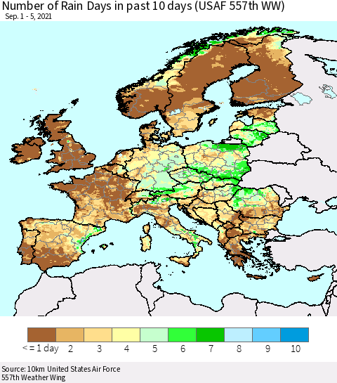 Europe Number of Rain Days in past 10 days (USAF 557th WW) Thematic Map For 9/1/2021 - 9/5/2021