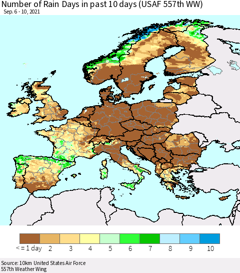 Europe Number of Rain Days in past 10 days (USAF 557th WW) Thematic Map For 9/6/2021 - 9/10/2021
