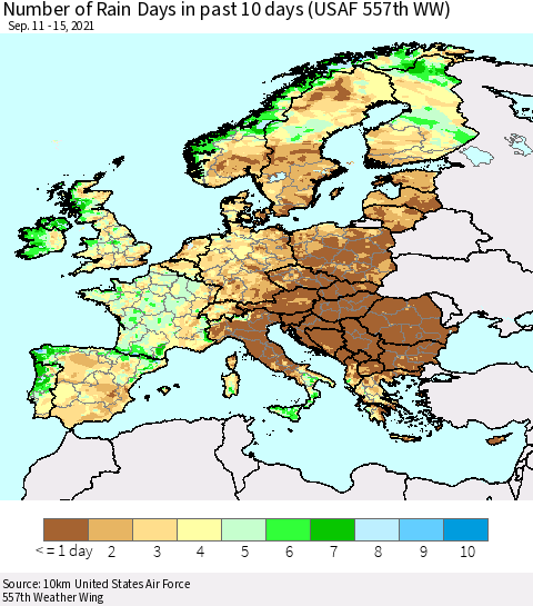 Europe Number of Rain Days in past 10 days (USAF 557th WW) Thematic Map For 9/11/2021 - 9/15/2021