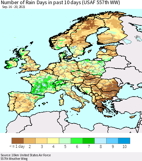 Europe Number of Rain Days in past 10 days (USAF 557th WW) Thematic Map For 9/16/2021 - 9/20/2021