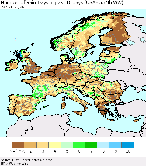 Europe Number of Rain Days in past 10 days (USAF 557th WW) Thematic Map For 9/21/2021 - 9/25/2021
