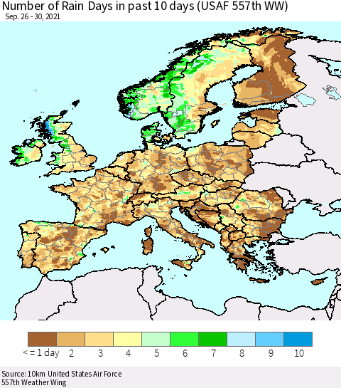 Europe Number of Rain Days in past 10 days (USAF 557th WW) Thematic Map For 9/26/2021 - 9/30/2021