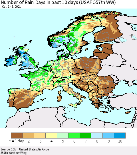 Europe Number of Rain Days in past 10 days (USAF 557th WW) Thematic Map For 10/1/2021 - 10/5/2021