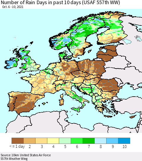Europe Number of Rain Days in past 10 days (USAF 557th WW) Thematic Map For 10/6/2021 - 10/10/2021