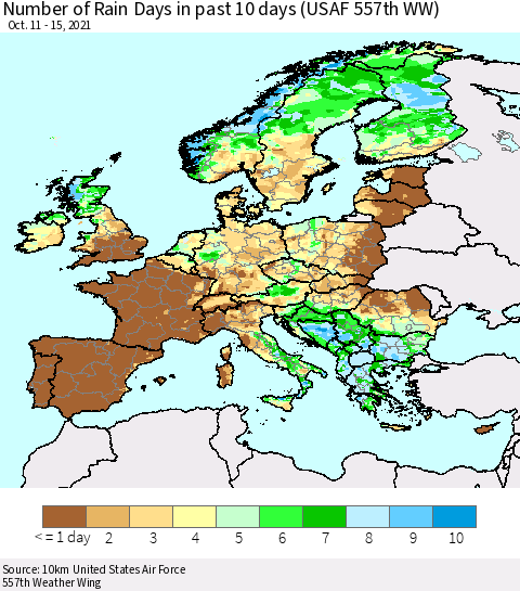 Europe Number of Rain Days in past 10 days (USAF 557th WW) Thematic Map For 10/11/2021 - 10/15/2021