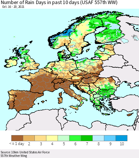 Europe Number of Rain Days in past 10 days (USAF 557th WW) Thematic Map For 10/16/2021 - 10/20/2021