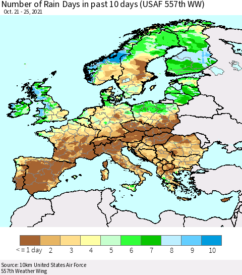 Europe Number of Rain Days in past 10 days (USAF 557th WW) Thematic Map For 10/21/2021 - 10/25/2021