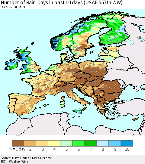 Europe Number of Rain Days in past 10 days (USAF 557th WW) Thematic Map For 10/26/2021 - 10/31/2021