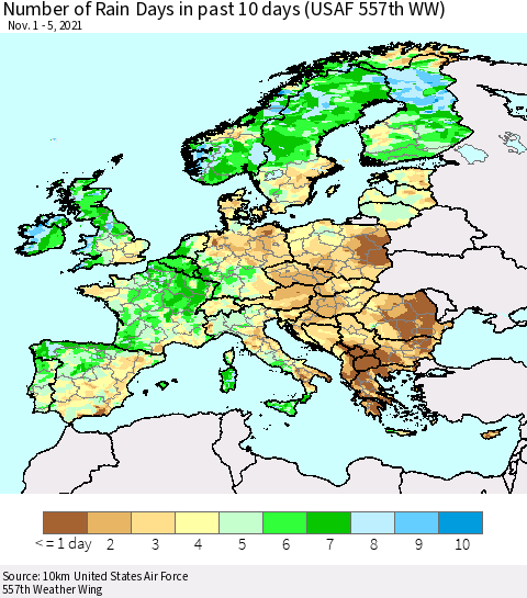 Europe Number of Rain Days in past 10 days (USAF 557th WW) Thematic Map For 11/1/2021 - 11/5/2021
