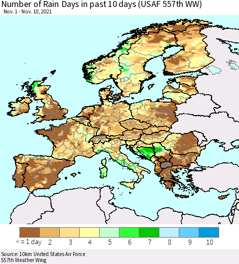 Europe Number of Rain Days in past 10 days (USAF 557th WW) Thematic Map For 11/6/2021 - 11/10/2021