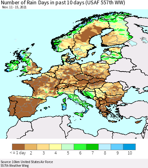 Europe Number of Rain Days in past 10 days (USAF 557th WW) Thematic Map For 11/11/2021 - 11/15/2021