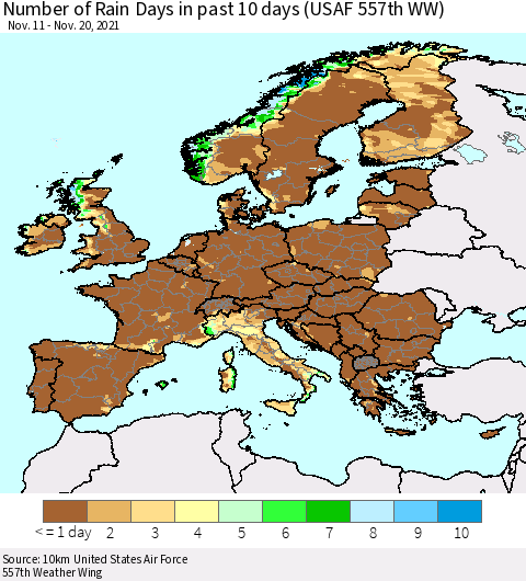 Europe Number of Rain Days in past 10 days (USAF 557th WW) Thematic Map For 11/16/2021 - 11/20/2021