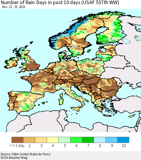 Europe Number of Rain Days in past 10 days (USAF 557th WW) Thematic Map For 11/21/2021 - 11/25/2021