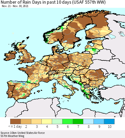 Europe Number of Rain Days in past 10 days (USAF 557th WW) Thematic Map For 11/26/2021 - 11/30/2021