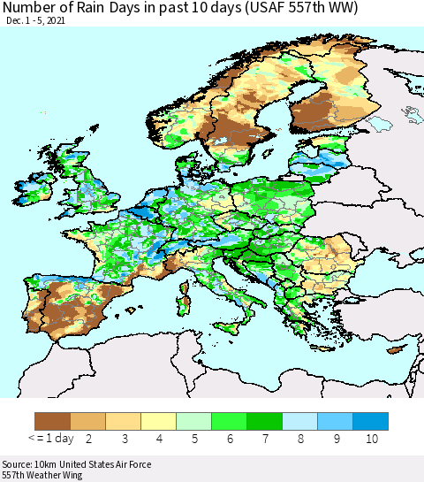 Europe Number of Rain Days in past 10 days (USAF 557th WW) Thematic Map For 12/1/2021 - 12/5/2021