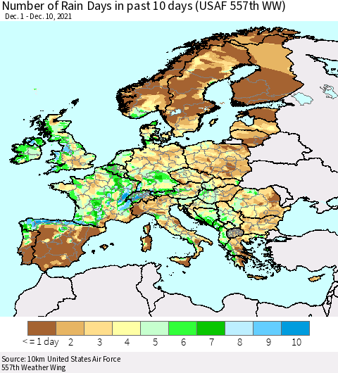 Europe Number of Rain Days in past 10 days (USAF 557th WW) Thematic Map For 12/6/2021 - 12/10/2021