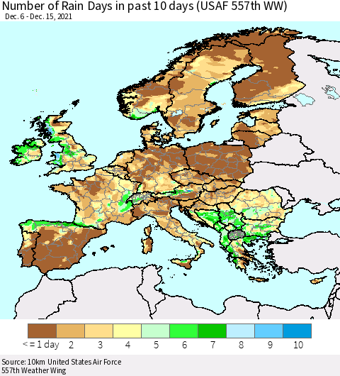 Europe Number of Rain Days in past 10 days (USAF 557th WW) Thematic Map For 12/11/2021 - 12/15/2021