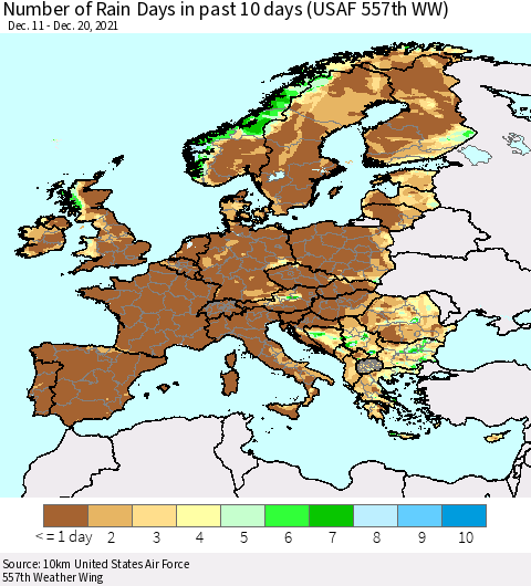 Europe Number of Rain Days in past 10 days (USAF 557th WW) Thematic Map For 12/16/2021 - 12/20/2021