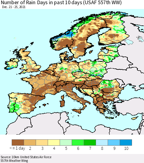 Europe Number of Rain Days in past 10 days (USAF 557th WW) Thematic Map For 12/21/2021 - 12/25/2021