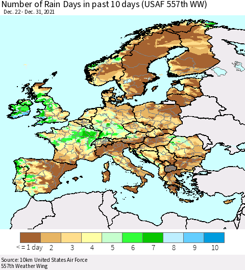 Europe Number of Rain Days in past 10 days (USAF 557th WW) Thematic Map For 12/26/2021 - 12/31/2021