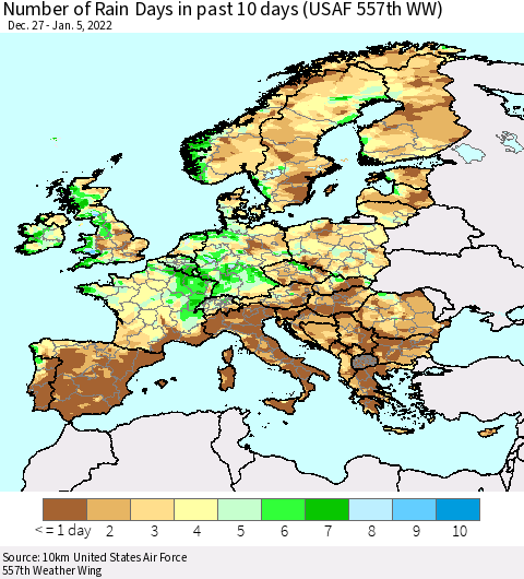 Europe Number of Rain Days in past 10 days (USAF 557th WW) Thematic Map For 1/1/2022 - 1/5/2022