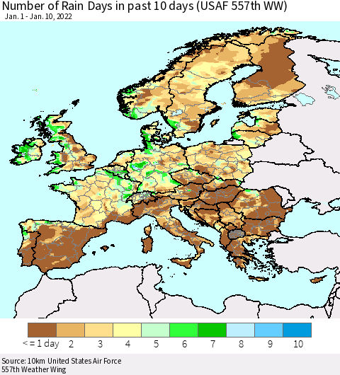 Europe Number of Rain Days in past 10 days (USAF 557th WW) Thematic Map For 1/6/2022 - 1/10/2022