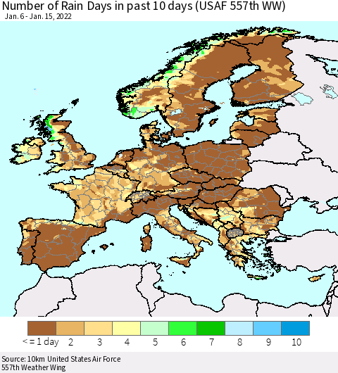 Europe Number of Rain Days in past 10 days (USAF 557th WW) Thematic Map For 1/11/2022 - 1/15/2022