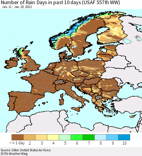 Europe Number of Rain Days in past 10 days (USAF 557th WW) Thematic Map For 1/16/2022 - 1/20/2022