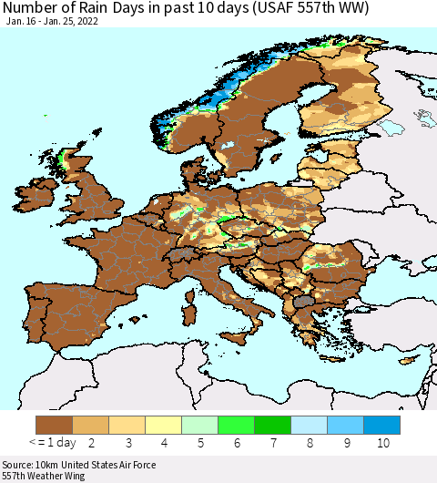 Europe Number of Rain Days in past 10 days (USAF 557th WW) Thematic Map For 1/21/2022 - 1/25/2022