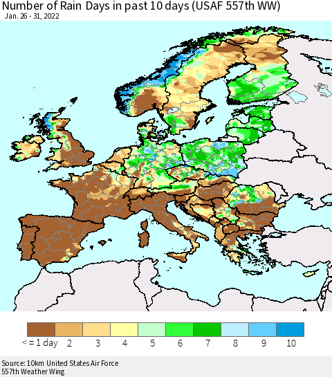 Europe Number of Rain Days in past 10 days (USAF 557th WW) Thematic Map For 1/26/2022 - 1/31/2022