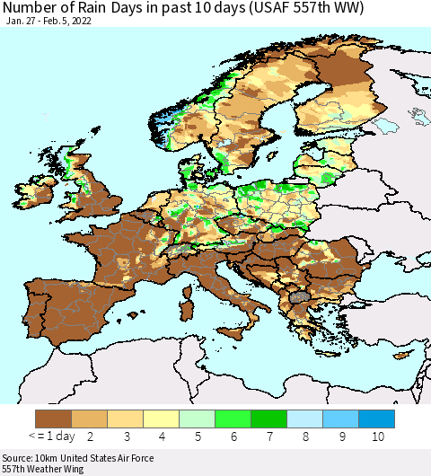 Europe Number of Rain Days in past 10 days (USAF 557th WW) Thematic Map For 2/1/2022 - 2/5/2022