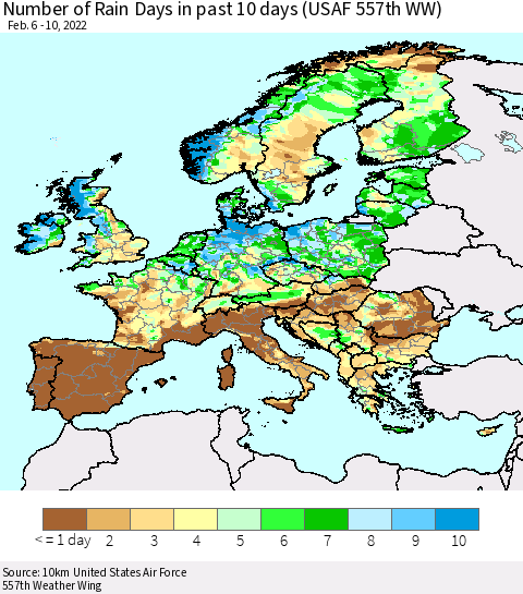 Europe Number of Rain Days in past 10 days (USAF 557th WW) Thematic Map For 2/6/2022 - 2/10/2022
