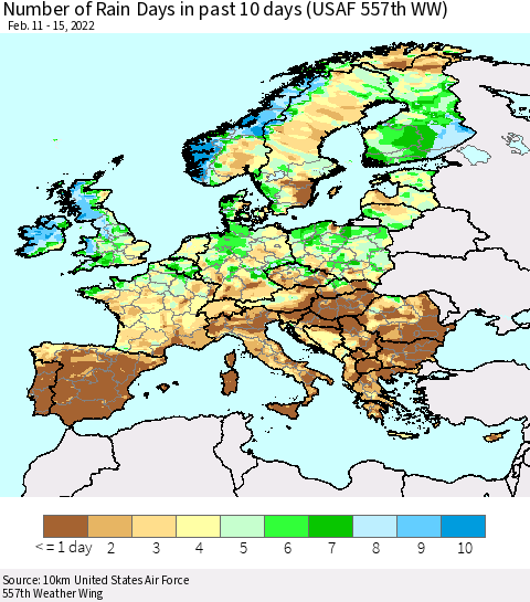Europe Number of Rain Days in past 10 days (USAF 557th WW) Thematic Map For 2/11/2022 - 2/15/2022